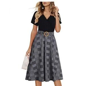 HELYO Women’s Short Sleeve V Neck Belted Black/White Dress Size Large NWT